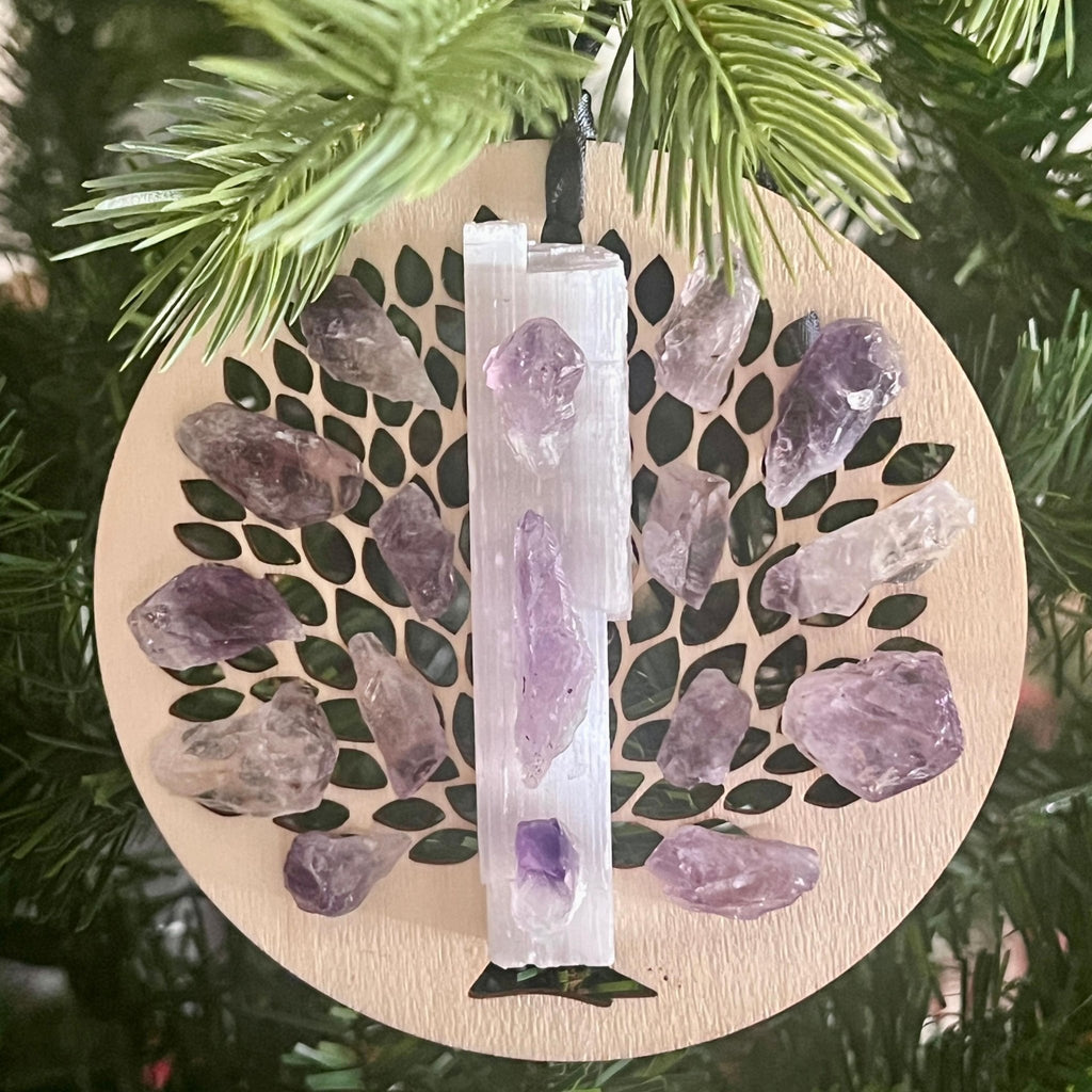 Wooden Tree of Life Christmas Ornament: Selenite Crystal Hanging Holiday Decor - Winterberry Hearth