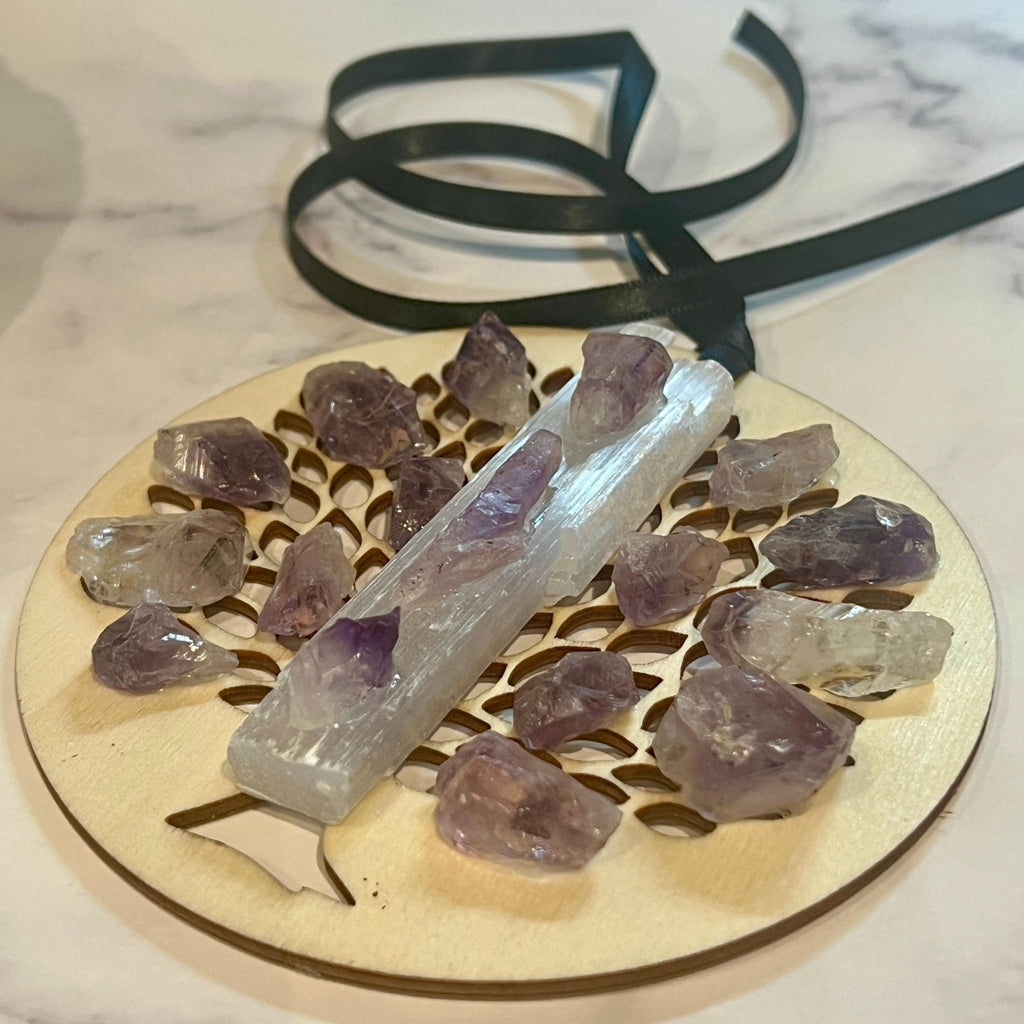 Wooden Tree of Life Christmas Ornament: Selenite Crystal Hanging Holiday Decor - Winterberry Hearth