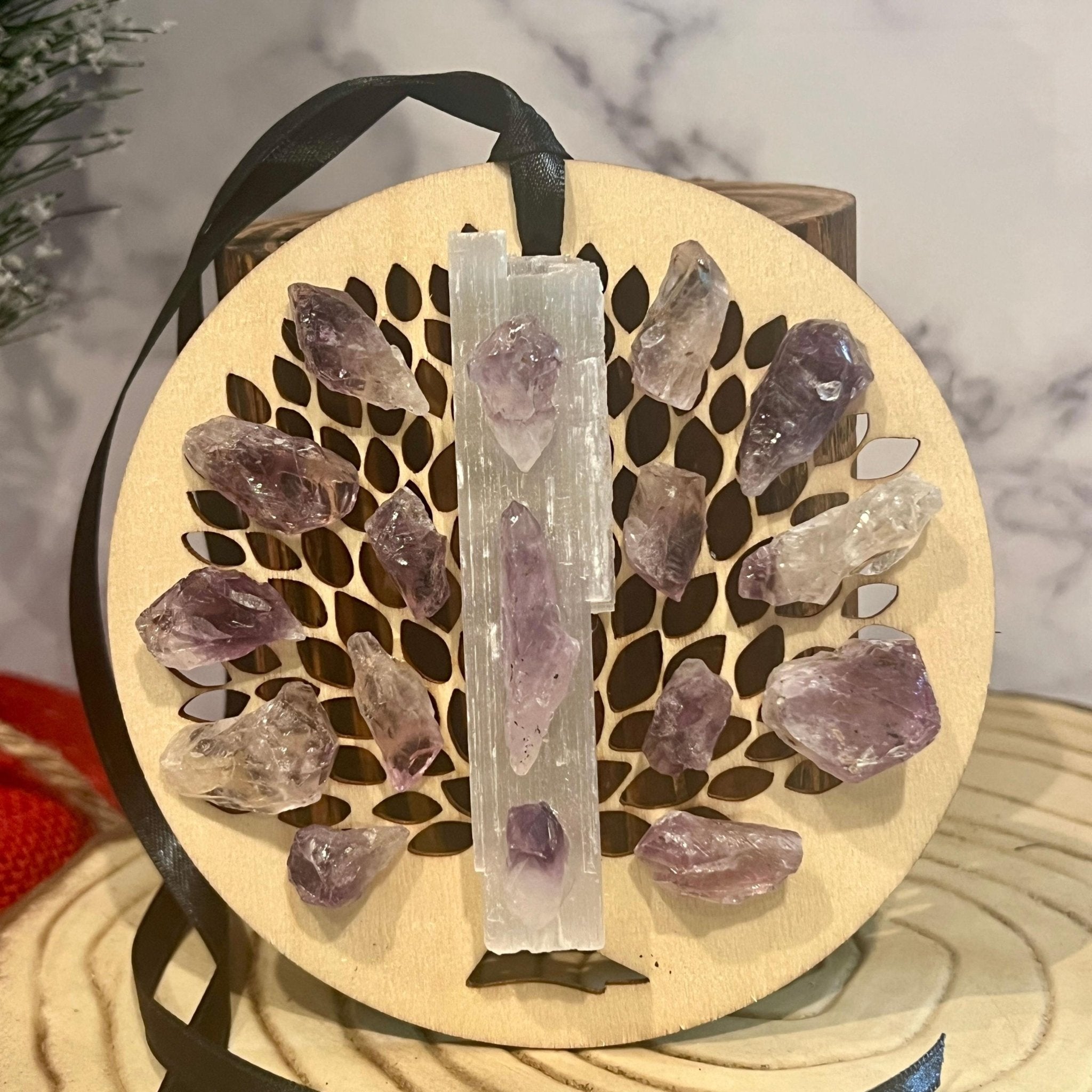 Wooden Tree of Life Christmas Ornament: Selenite Crystal Hanging Holiday Decor - Winterberry Hearth