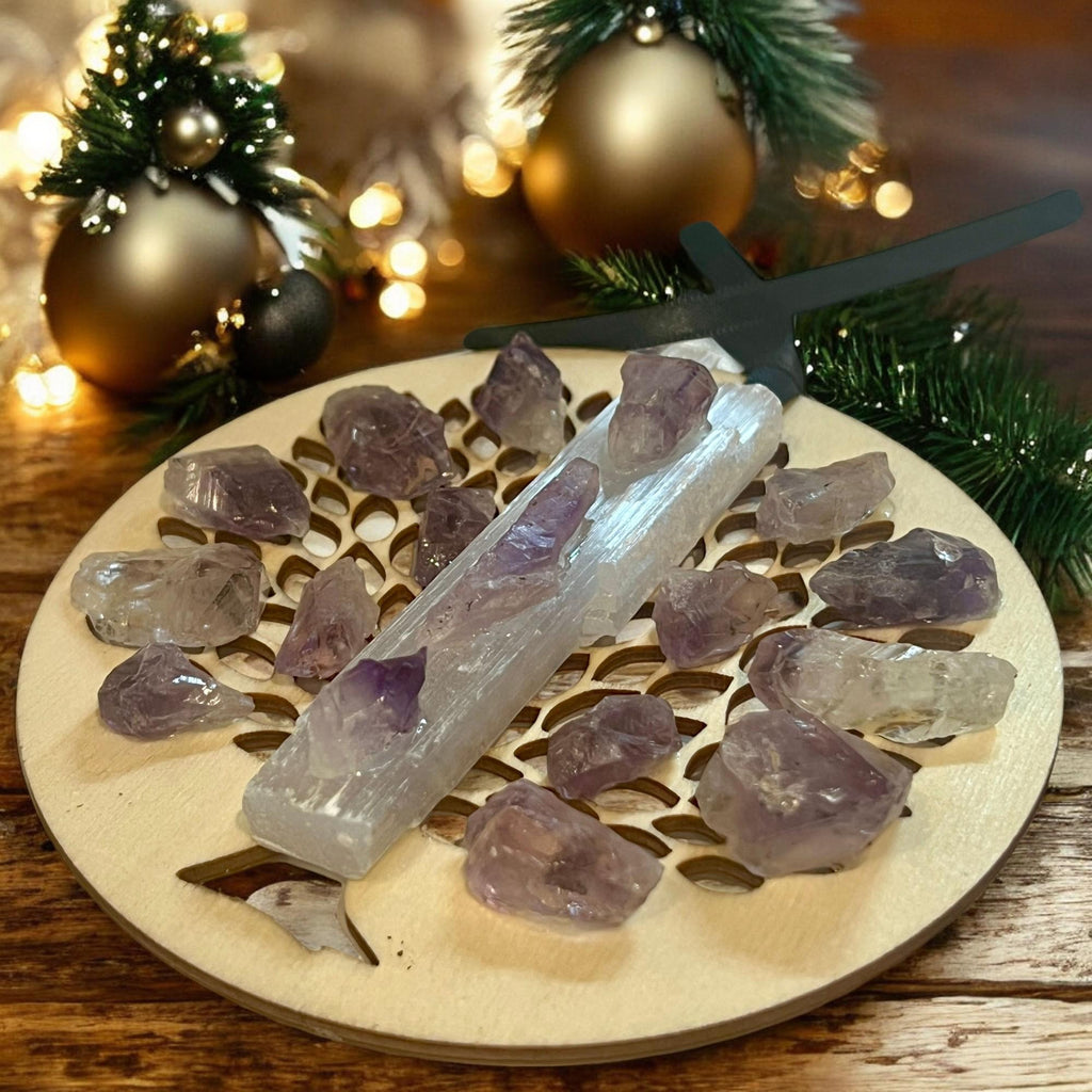 Wooden Tree of Life Christmas Ornament: Selenite Crystal Hanging Holiday Decor - Winterberry Hearth