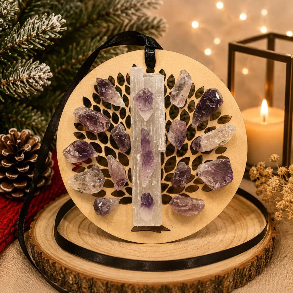 Wooden Tree of Life Christmas Ornament, Selenite Hanging Holiday Decor - Winterberry Hearth