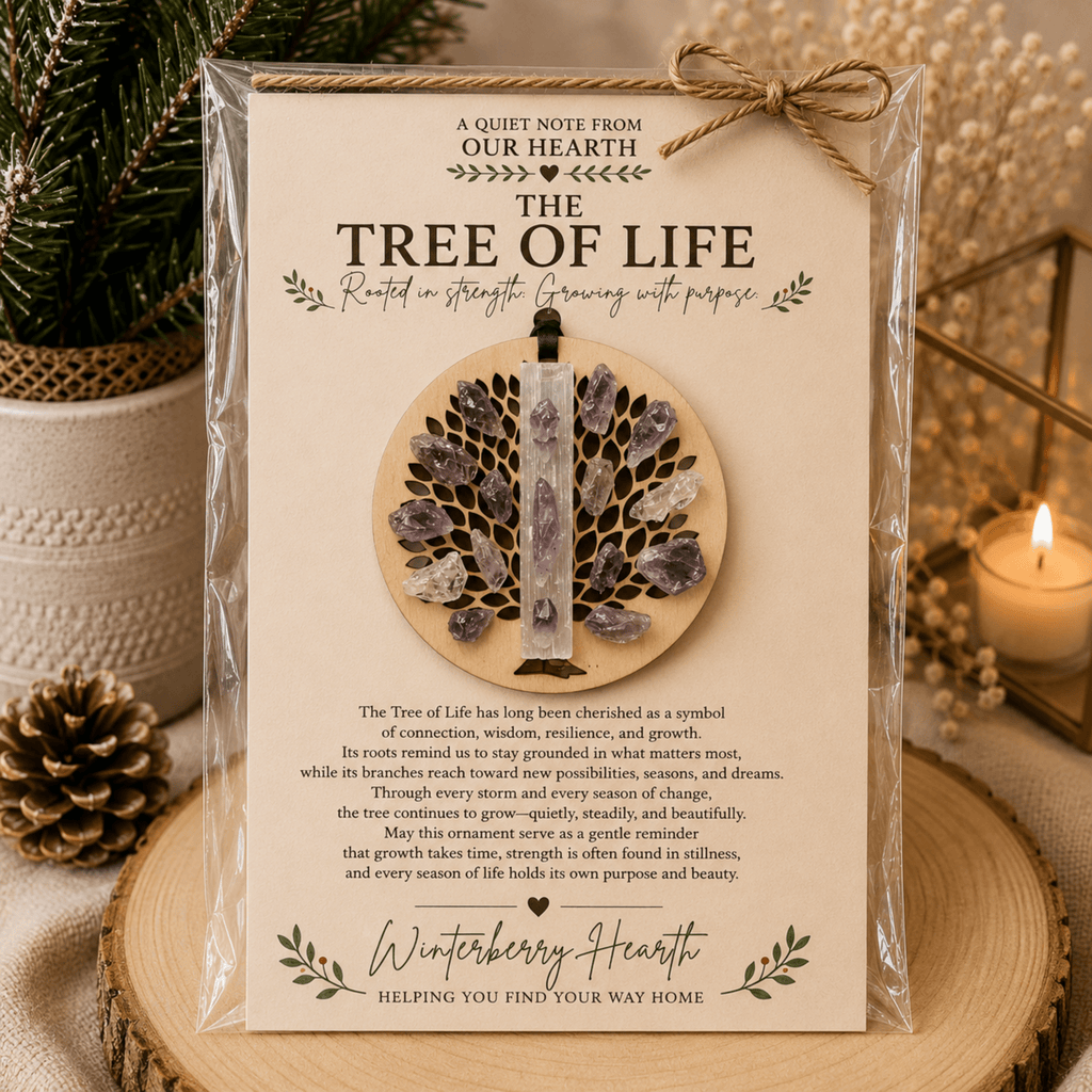 Wooden Tree of Life Christmas Ornament, Selenite Hanging Holiday Decor - Winterberry Hearth