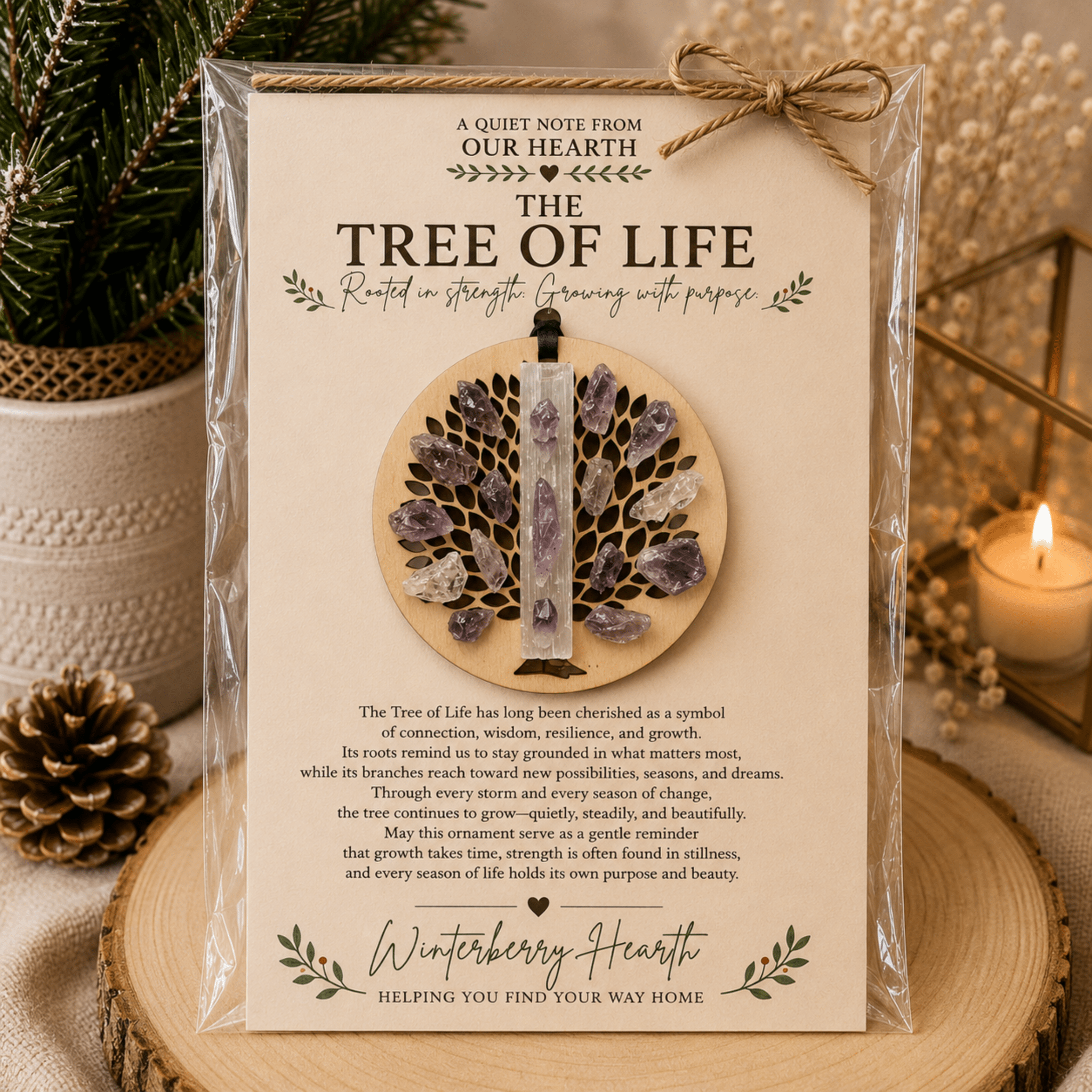 Wooden Tree of Life Christmas Ornament, Selenite Hanging Holiday Decor - Winterberry Hearth