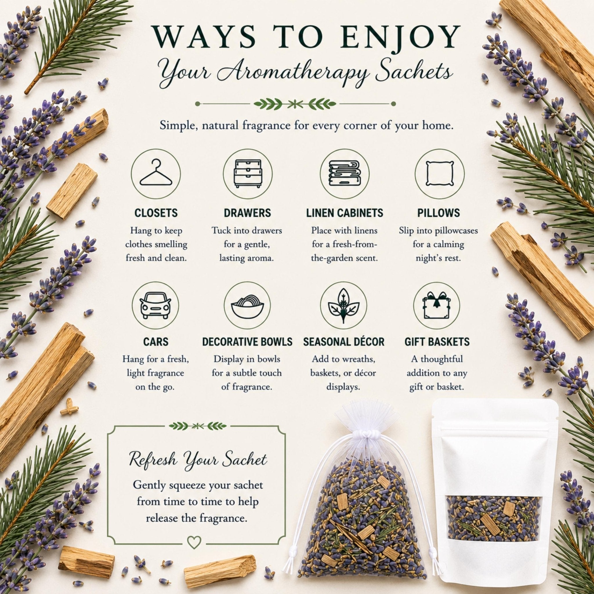Woodland Lavender Sachet, Pillow Sachet, Natural Home, Snowy Evening Pine & Palo Santo, Cozy Gift - Winterberry Hearth
