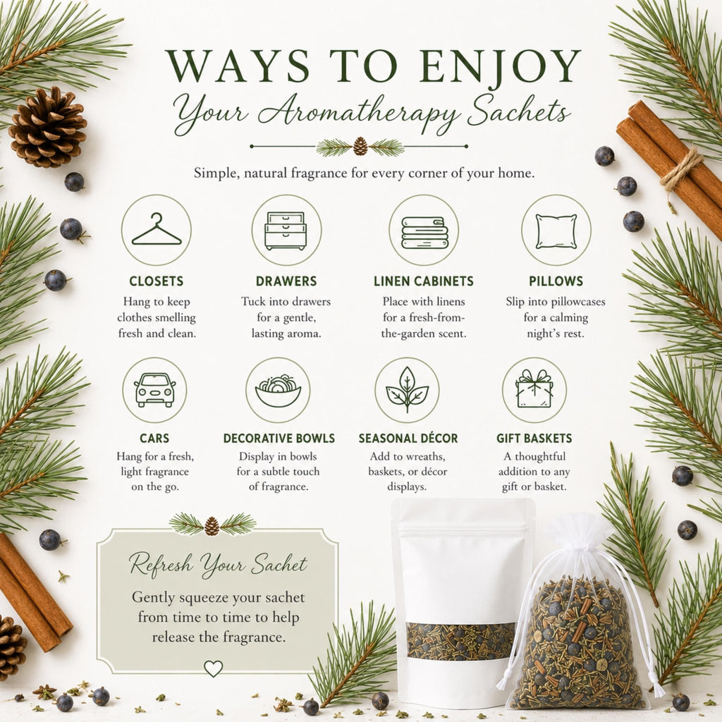 Woodland Walk Sachet, Pine & Juniper Aroma Pouch, Botanical Drawer Freshener, Herbal Home Fragrance - Winterberry Hearth