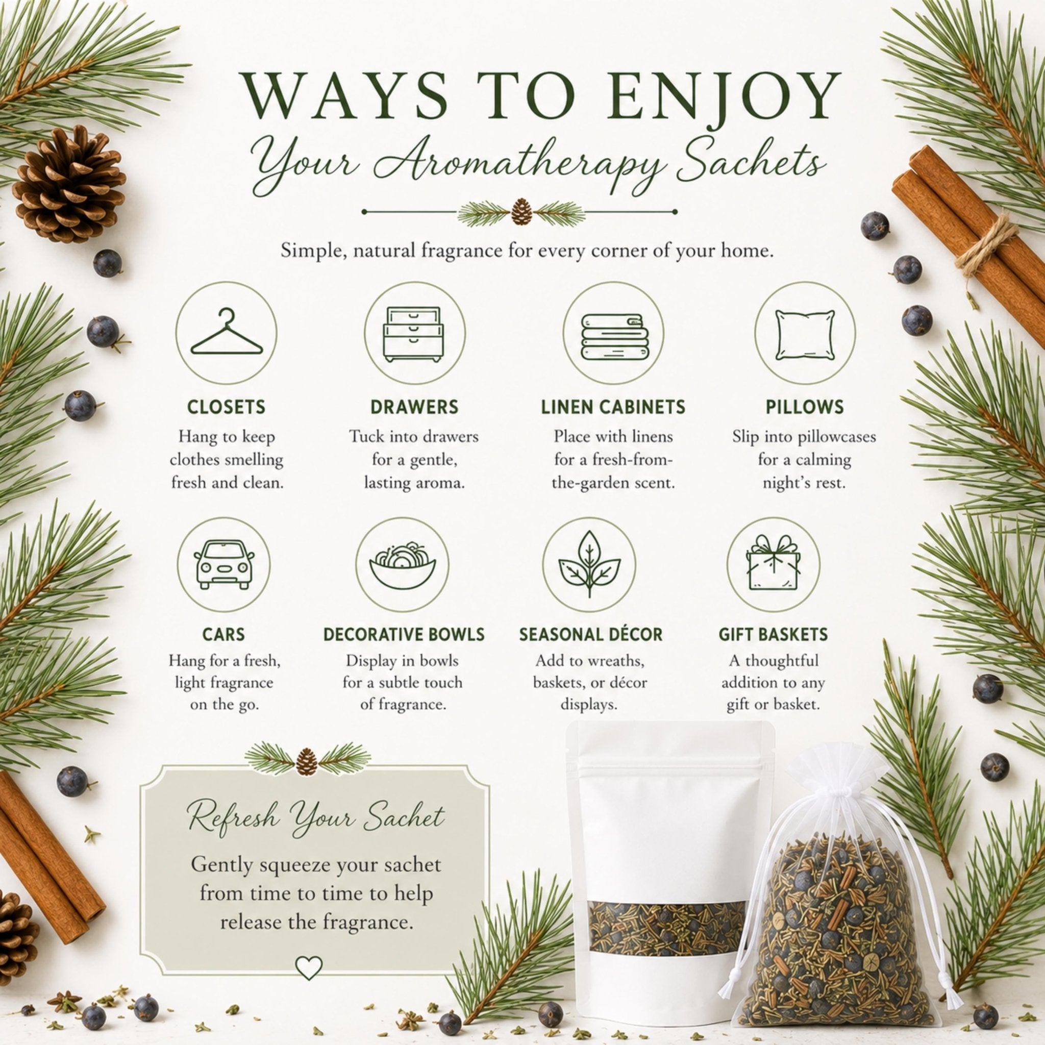 Woodland Walk Sachet, Pine & Juniper Aroma Pouch, Botanical Drawer Freshener, Herbal Home Fragrance - Winterberry Hearth