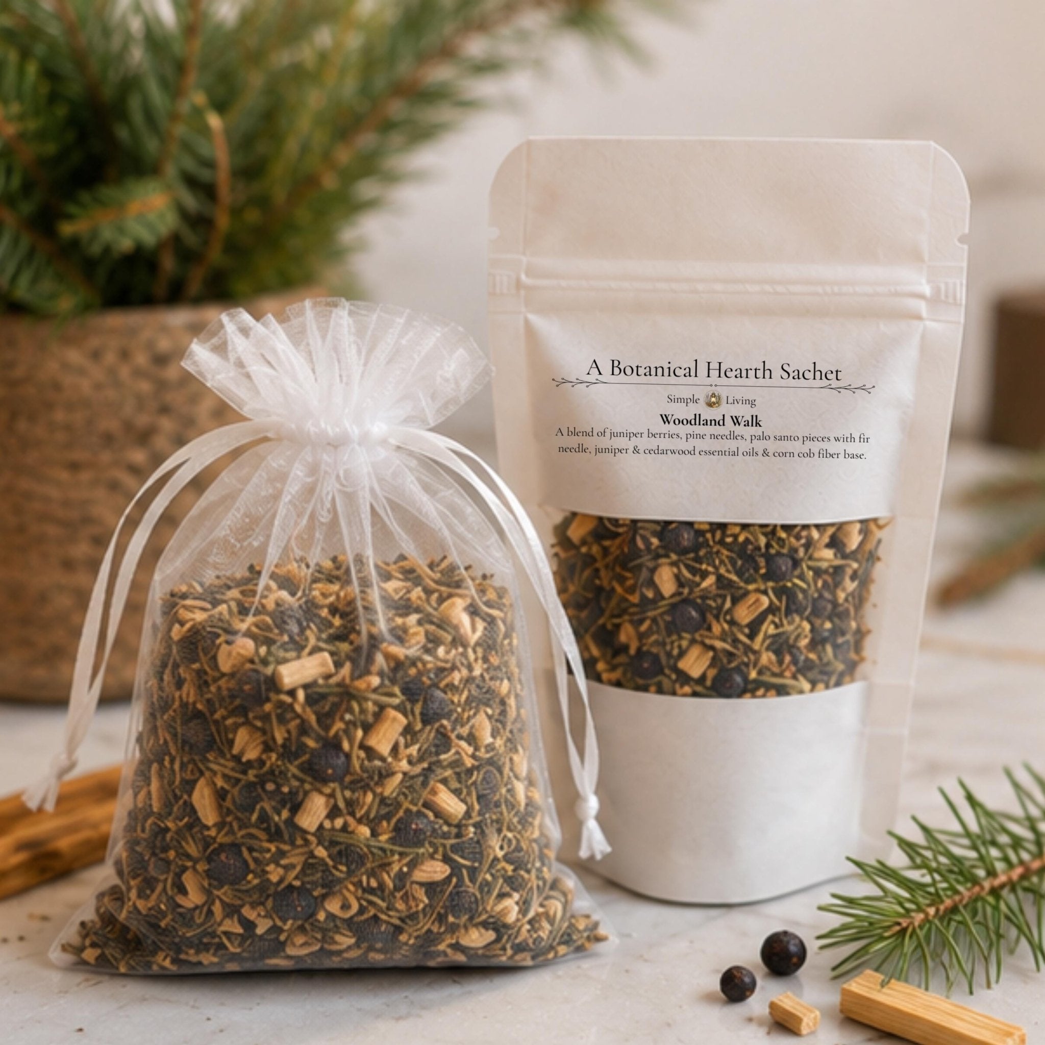 Woodland Walk Sachet, Pine & Juniper Aroma Pouch, Botanical Drawer Freshener, Herbal Home Fragrance - Winterberry Hearth